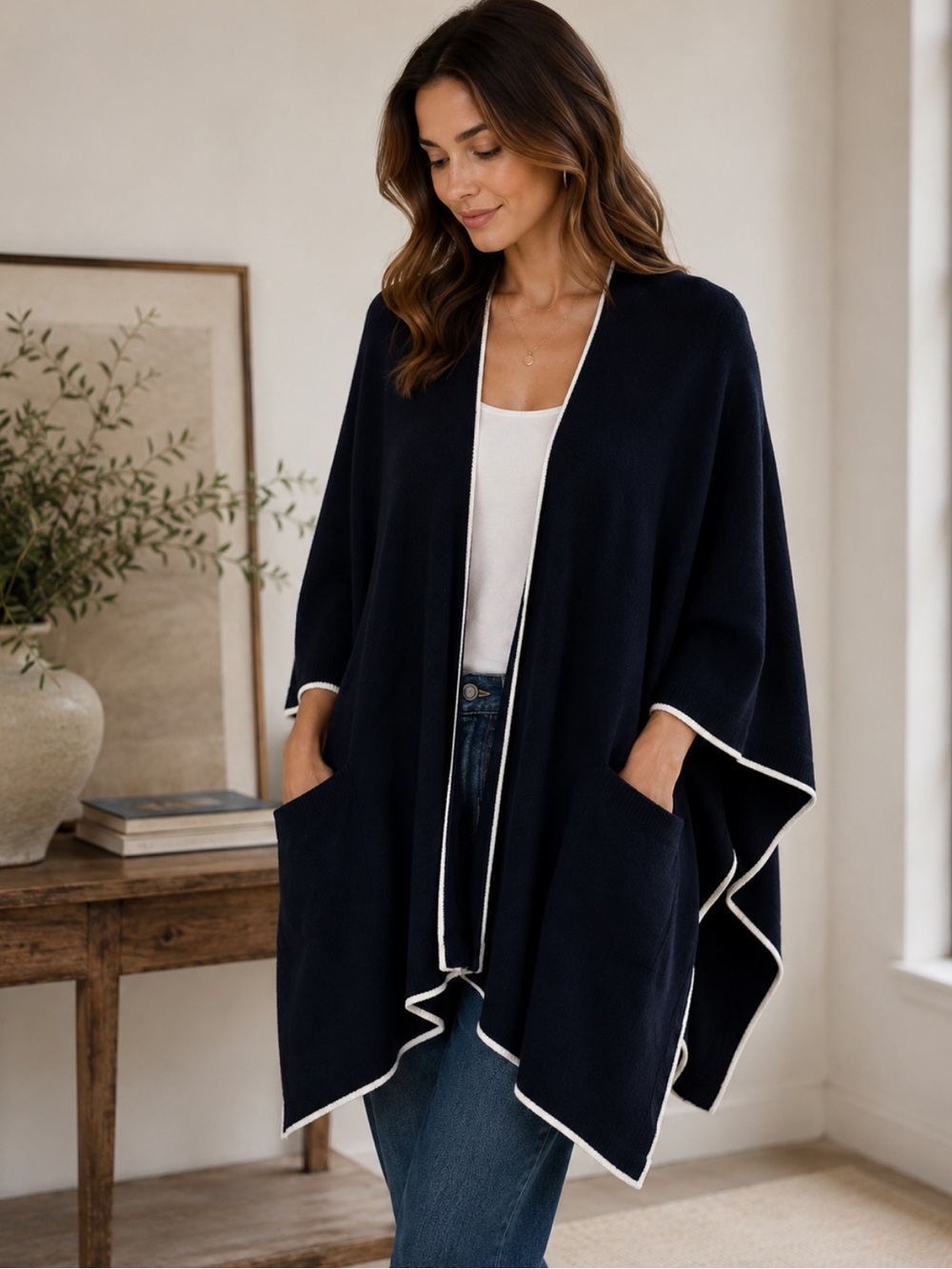 Vince NWT 100% Cashmere Cape Cardigan OS Navy White Trim Pockets Poncho Travel